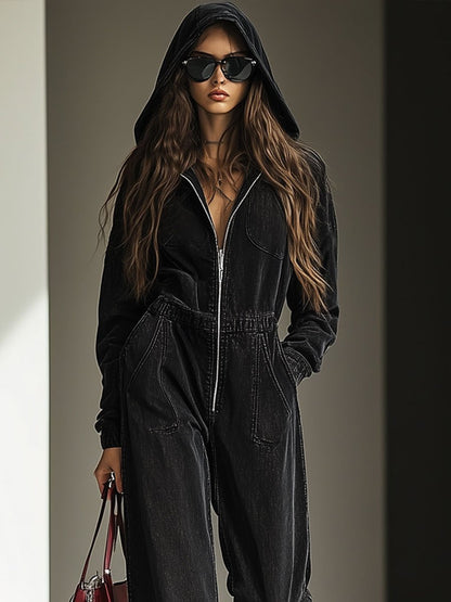 Expédition rapide en 24h : Salopette en denim vintage avec capuche, taille élastique et fermeture éclair