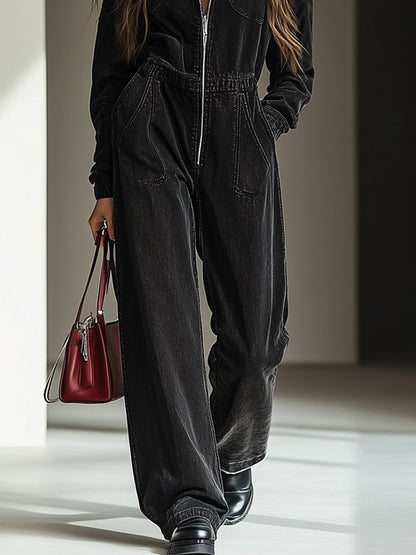 Expédition rapide en 24h : Combinaison en denim vintage décontractée avec taille élastique et capuche