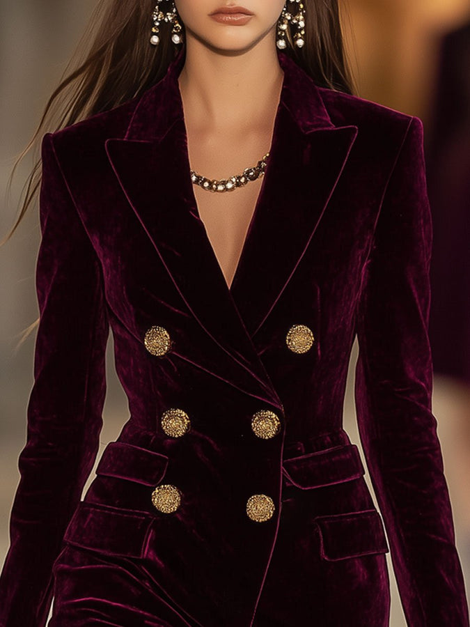 Robe Mini Blazer Vintage en Velours Rouge – Élégance Décontractée avec Poches, Expédition Rapide en 24 Heures