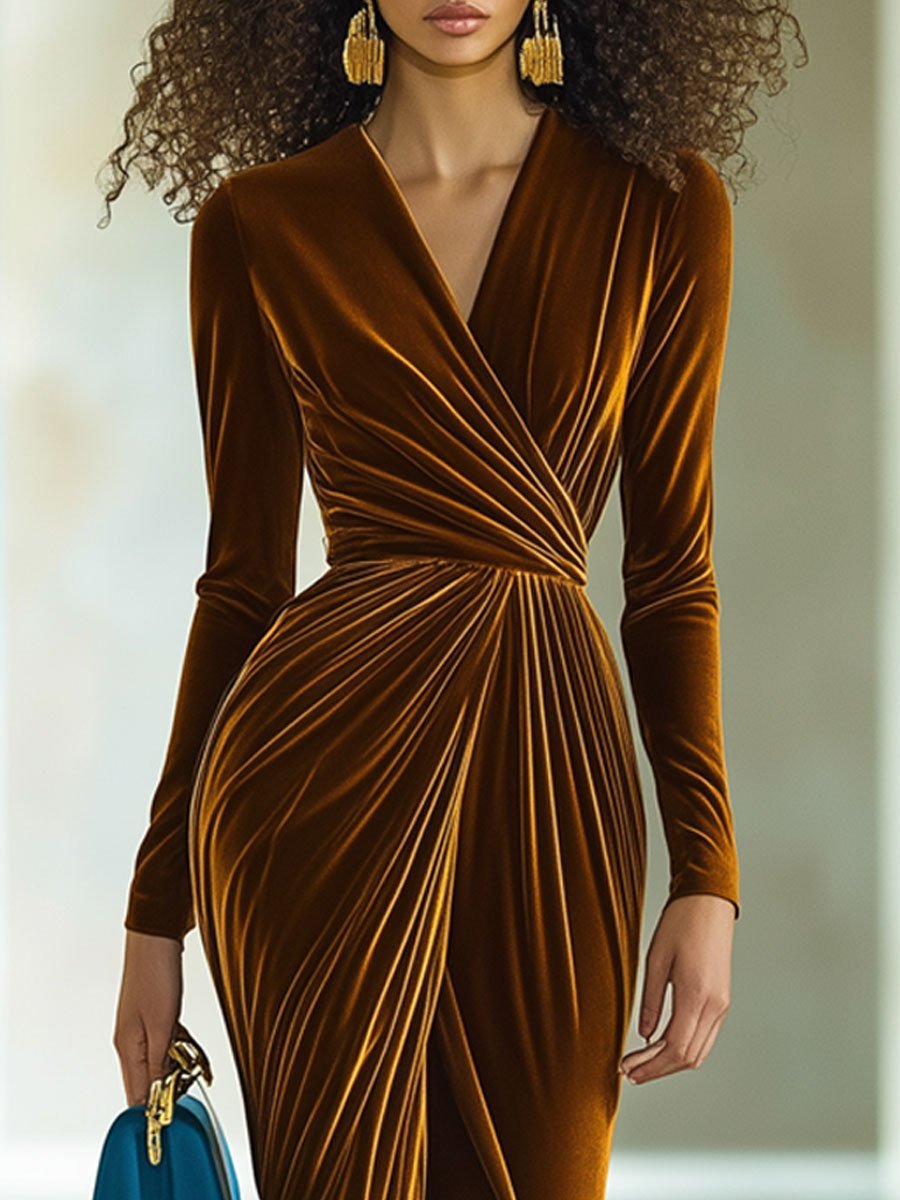 Robe Maxi de Soirée Vintage en Velours avec Fente et Col V - Expédition en 24 Heures