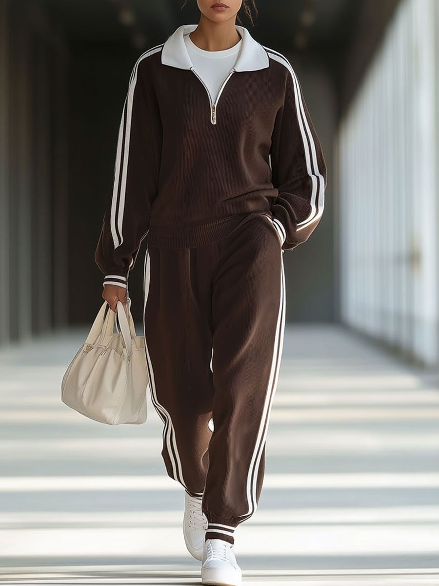 【Expédition en 24 heures】Ensemble de sweat-shirt rétro à rayures avec col polo zippé - Style décontracté idéal pour le sport