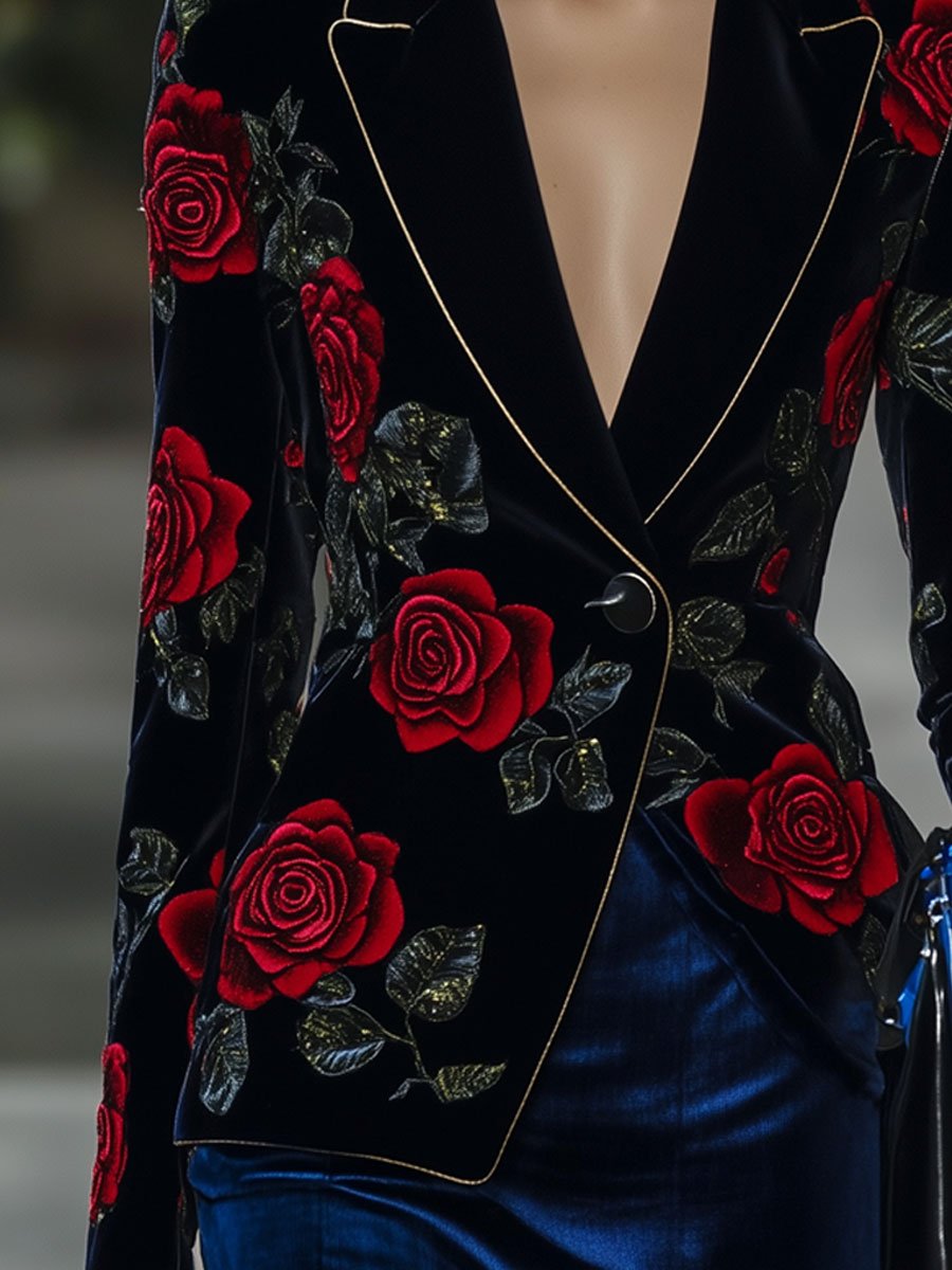 Expédition en 24h : Blazer Vintage en Velours Ample avec Imprimé de Roses Rouges et Finitions Dorées