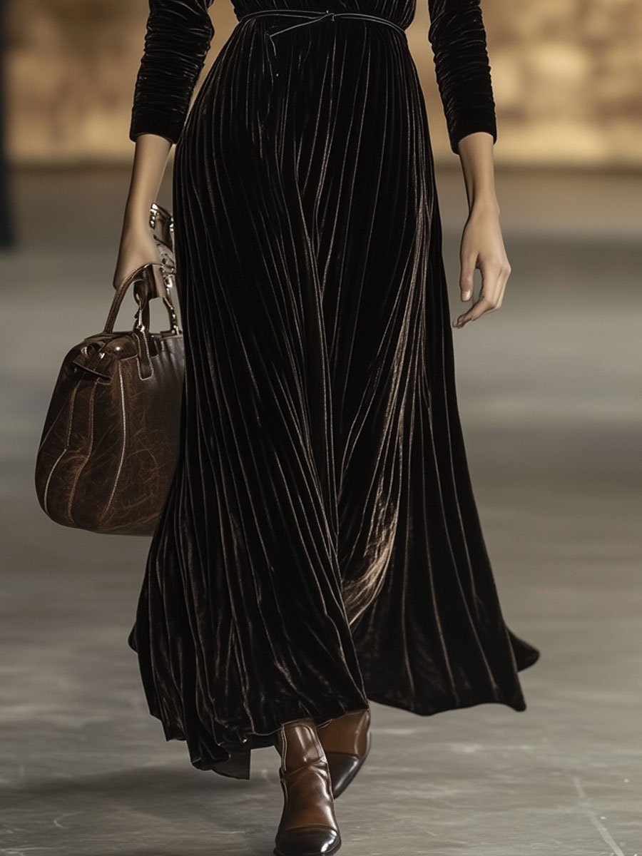 Robe Maxi en Velours Uni à Col V - Élégance et Confort avec Ceinture et Manches Longues, Expédition Rapide sous 24 Heures
