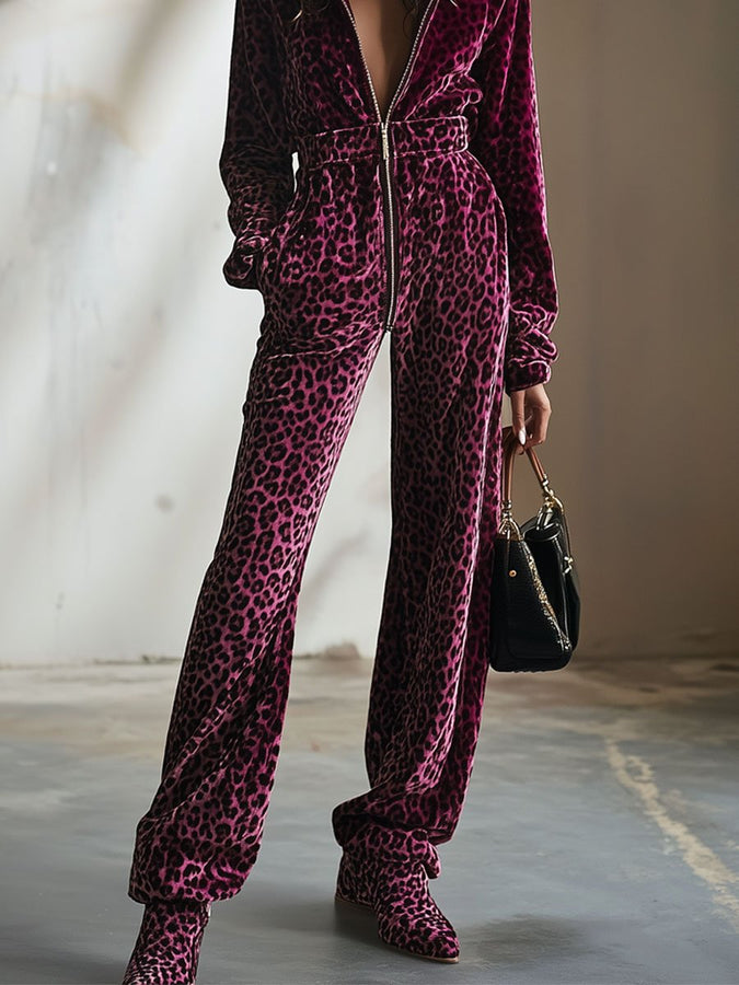Combinaison Zippée en Velours Violet Léopard - Style Rétro Décontracté avec Taille Élastique - Expédition Rapide en 24 Heures