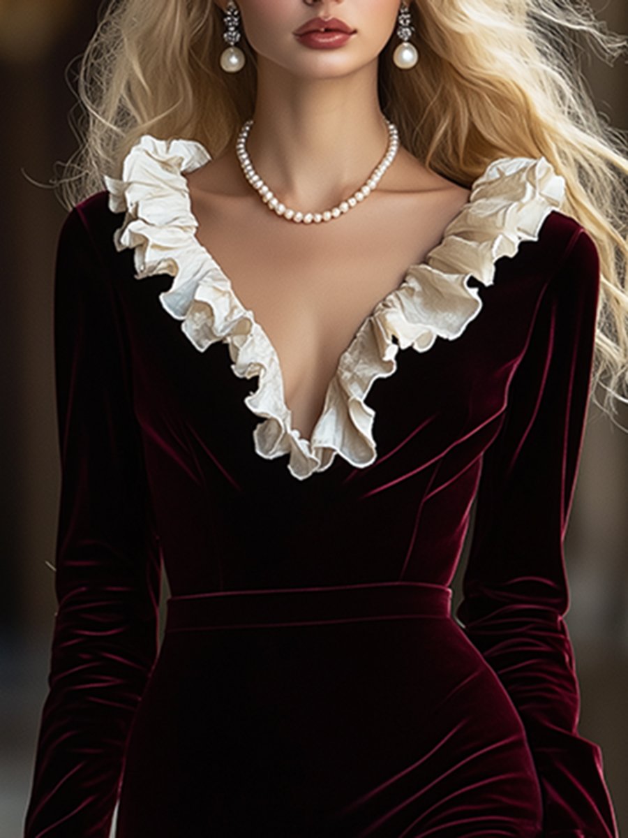 Robe Midi en Velours Luxe avec Volants et Décolleté en V - Expédition Rapide en 24 Heures