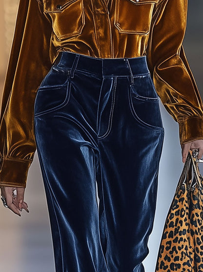 Blouse Rétro Ample en Velours Uni avec Poches - Expédition Rapide sous 24 Heures