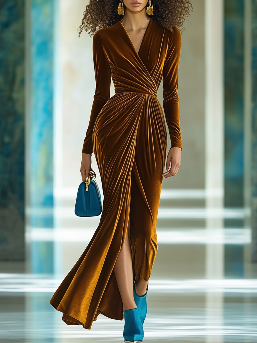 Robe Maxi de Soirée Vintage en Velours avec Fente et Col V - Expédition en 24 Heures