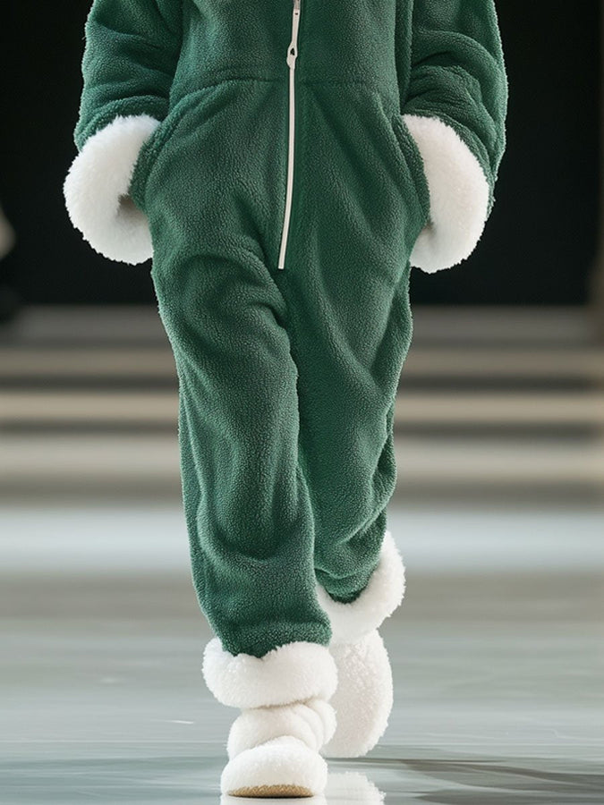 【Expédition en 24 heures】Sweat à capuche zippé en polaire verte et blanche - Style décontracté et ample
