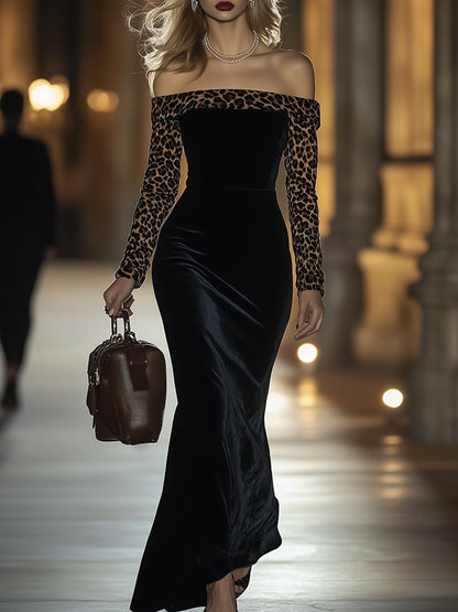 Robe en velours rétro à une épaule avec imprimé léopard - Expédition sous 24 heures