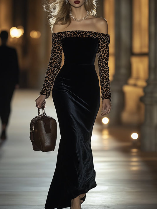 Robe en velours rétro à une épaule avec imprimé léopard - Expédition sous 24 heures