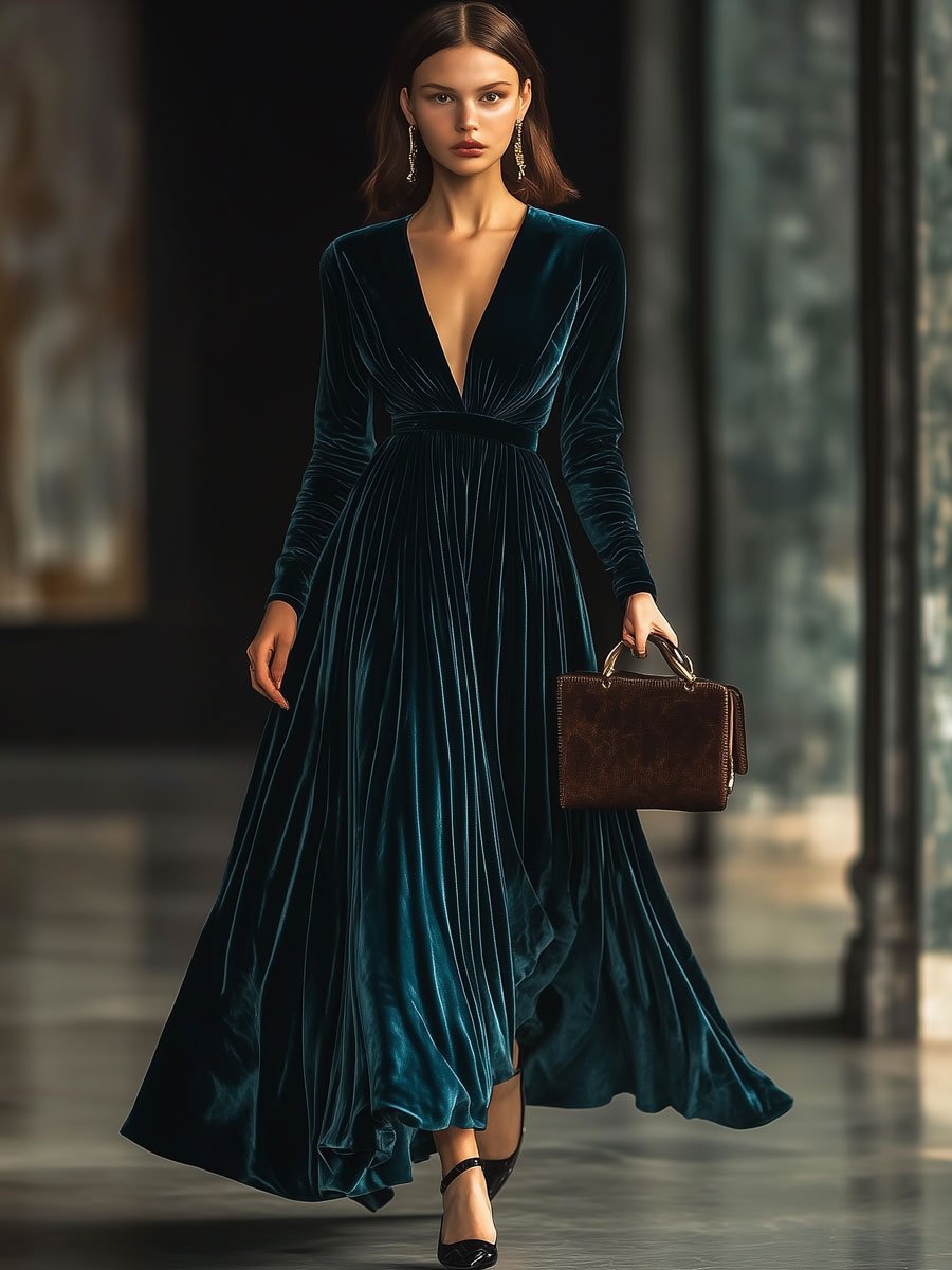 Robe Maxi Longue en Velours Unicolore à Col V - Expédition Rapide sous 24 Heures pour Vos Soirées