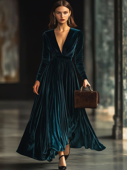 Robe Maxi Longue en Velours Unicolore à Col V - Expédition Rapide sous 24 Heures pour Vos Soirées