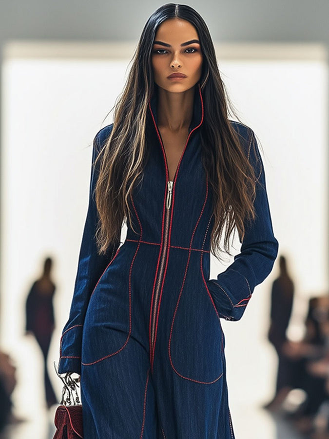 Combinaison Rouge en Denim Décontractée avec Coutures Apparentes et Manches Longues