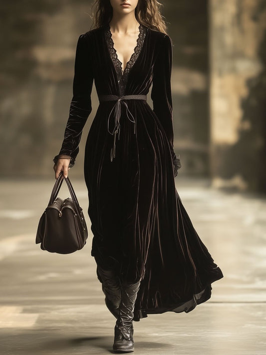 Robe Maxi Longue en Velours Uni avec Col V en Dentelle - Expédition Rapide sous 24 Heures