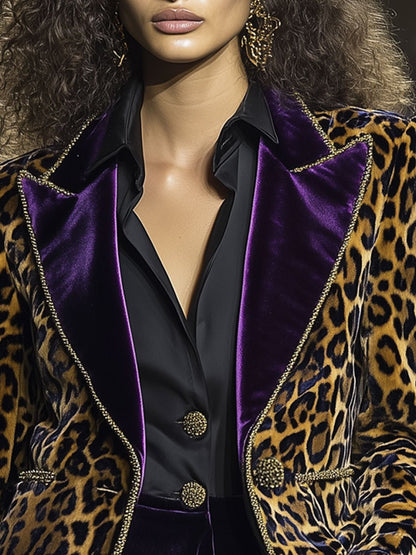 Blazer Vintage en Velours Léopard avec Revers Contrastés - Expédition en 24 Heures!