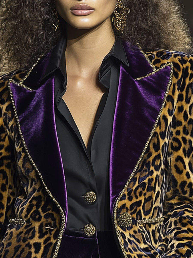 Blazer Vintage en Velours Léopard avec Revers Contrastés - Expédition en 24 Heures!
