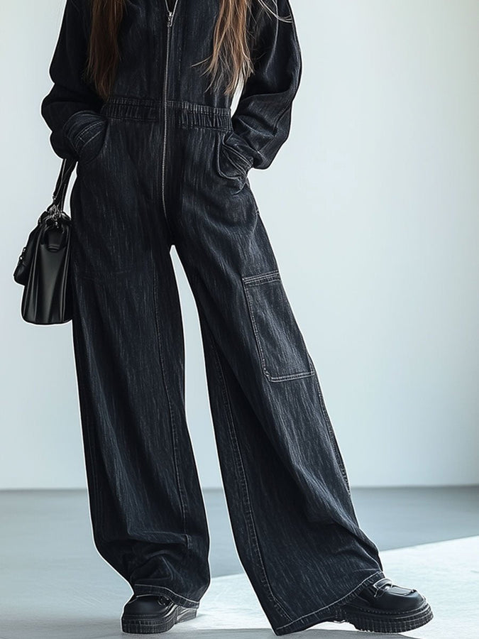 Salopette en Denim Rétro : Confort Décontracté avec Zip, Taille Élastique et Manches Longues - Expédition en 24 Heures !