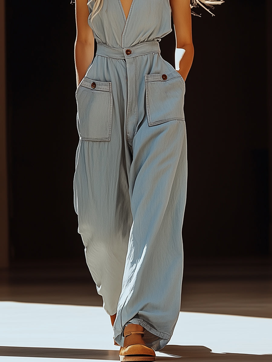Expédition Rapide : Salopette Décontractée en Denim Tencel Gris-Bleu avec Poches - Style Rétro