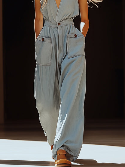 Expédition Rapide : Salopette Décontractée en Denim Tencel Gris-Bleu avec Poches - Style Rétro