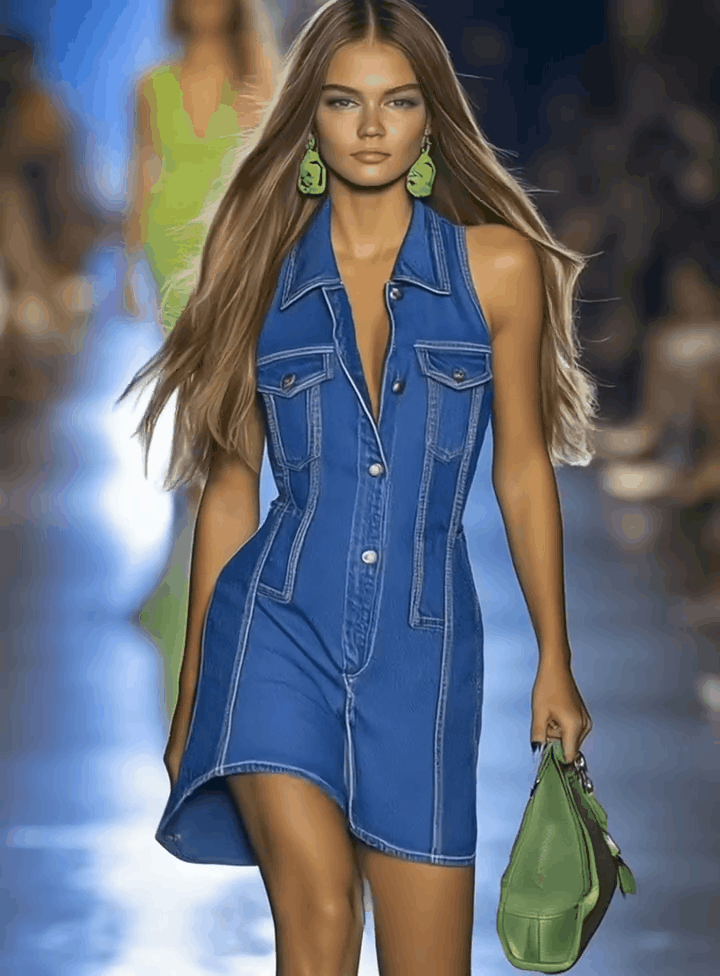 Robe Mini Zippée en Denim Premium à Col V - Expédition Rapide en 24 Heures !