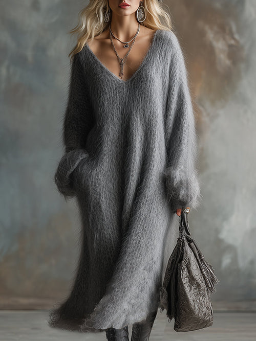 Robe Maxi Grise en Tricot Doux avec Col en V en Fausse Fourrure d'Agneau - Élégance Confortable et Décontractée
