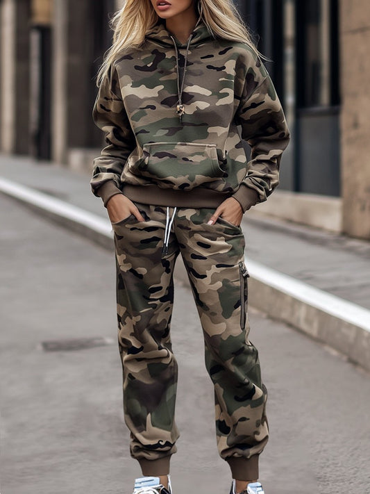 Ensemble Deux Pièces : Sweat à Capuche Rétro Camouflage avec Poches – Expédition Sous 24 Heures !