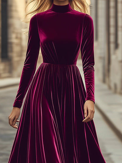 Robe Maxi en Velours à Col Montant – Style Rétro, Expédition Rapide en 24 Heures