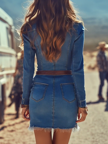 Robe Mini en Jean Bleu avec Boutons, Manches Longues et Finitions Effilochées