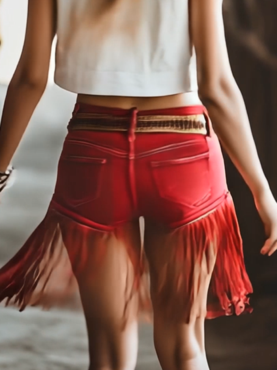 Shorts Frangés Vintage Western Rouges - Expédition en 24 Heures!