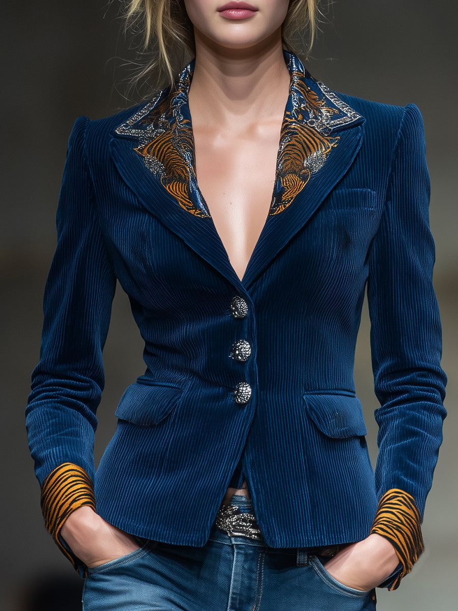 Veste en velours côtelé bleu avec motif tigre - Élégance et audace