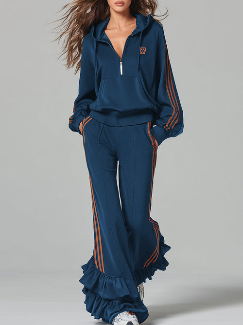 Ensemble Sportif Bleu Foncé : Sweat à Capuche et Pantalon avec Détails Volants