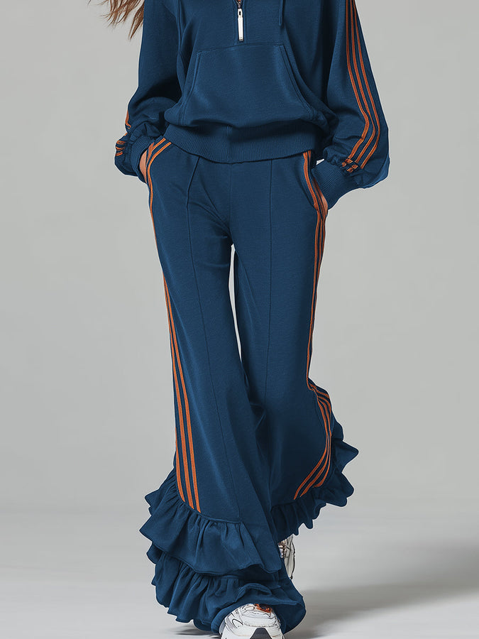 Ensemble Sportif Bleu Foncé : Sweat à Capuche et Pantalon avec Détails Volants
